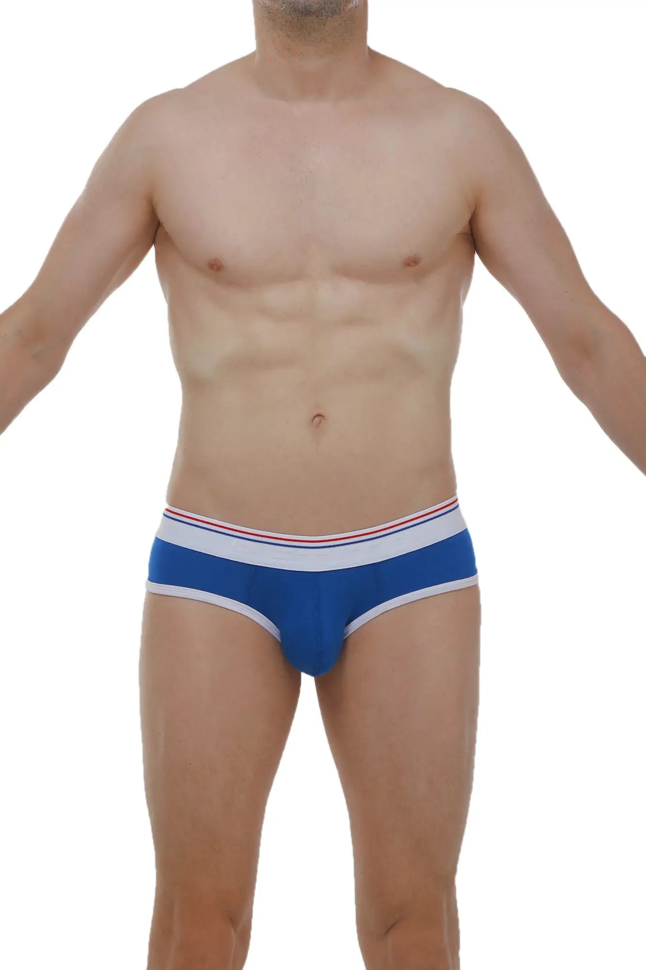Blue men’s briefs with a white and red striped waistband made from soft modal fabric for comfortable everyday wear