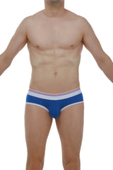 Blue men’s briefs with a white and red striped waistband made from soft modal fabric for comfortable everyday wear
