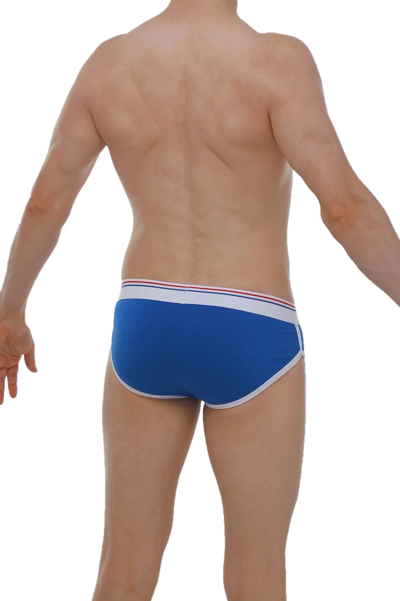 Blue men’s briefs in modal fabric with white trim and a thin red stripe on the waistband brief retro modal blue