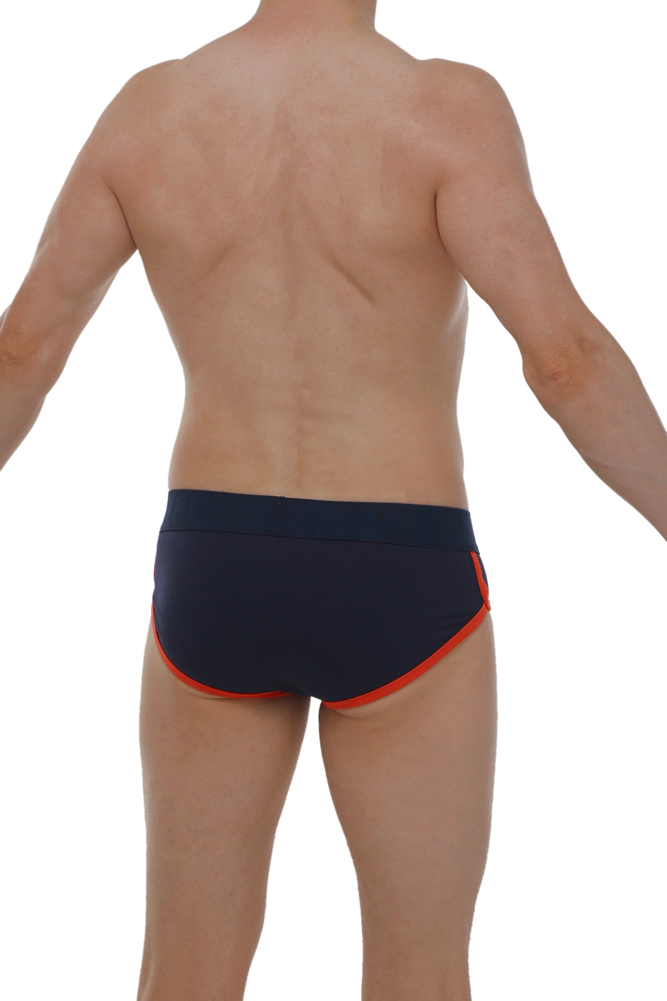 Navy blue swim trunks with orange trim made from retro modal fabric for comfortable beachwear by petitq brief