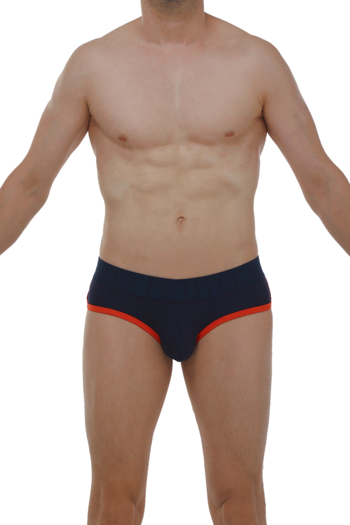 PetitQ brief retro modal navy blue briefs with vibrant orange trim on waistband and leg openings for comfortable wear