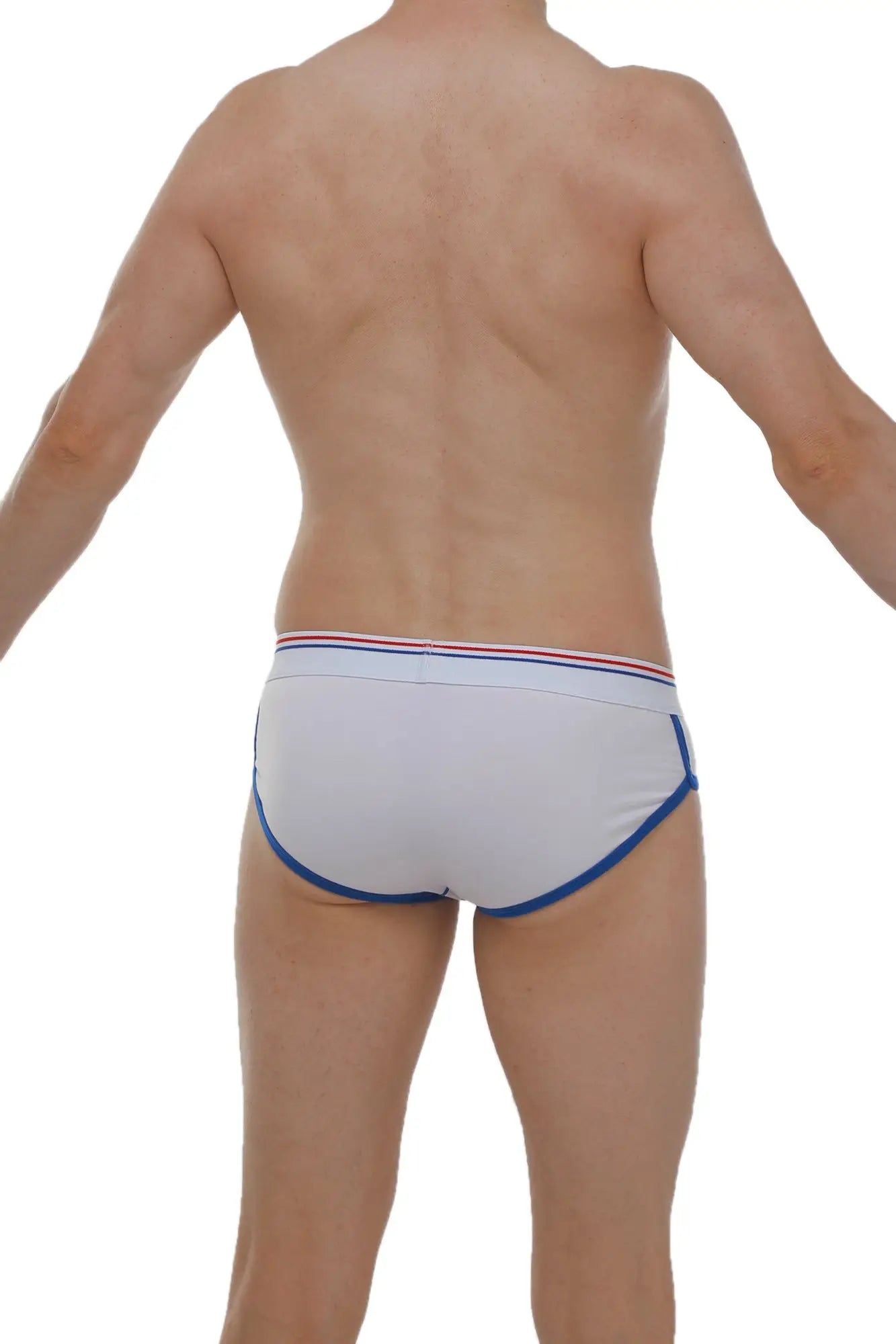 White briefs with blue trim and a red white and blue striped waistband made from soft modal fabric