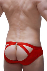 Back view of brief scaux bee red mesh briefs with bold strappy design and central metal ring