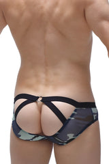 Black and green camouflage brief scaux net camo men’s briefs with open-back design and multiple straps shown from back