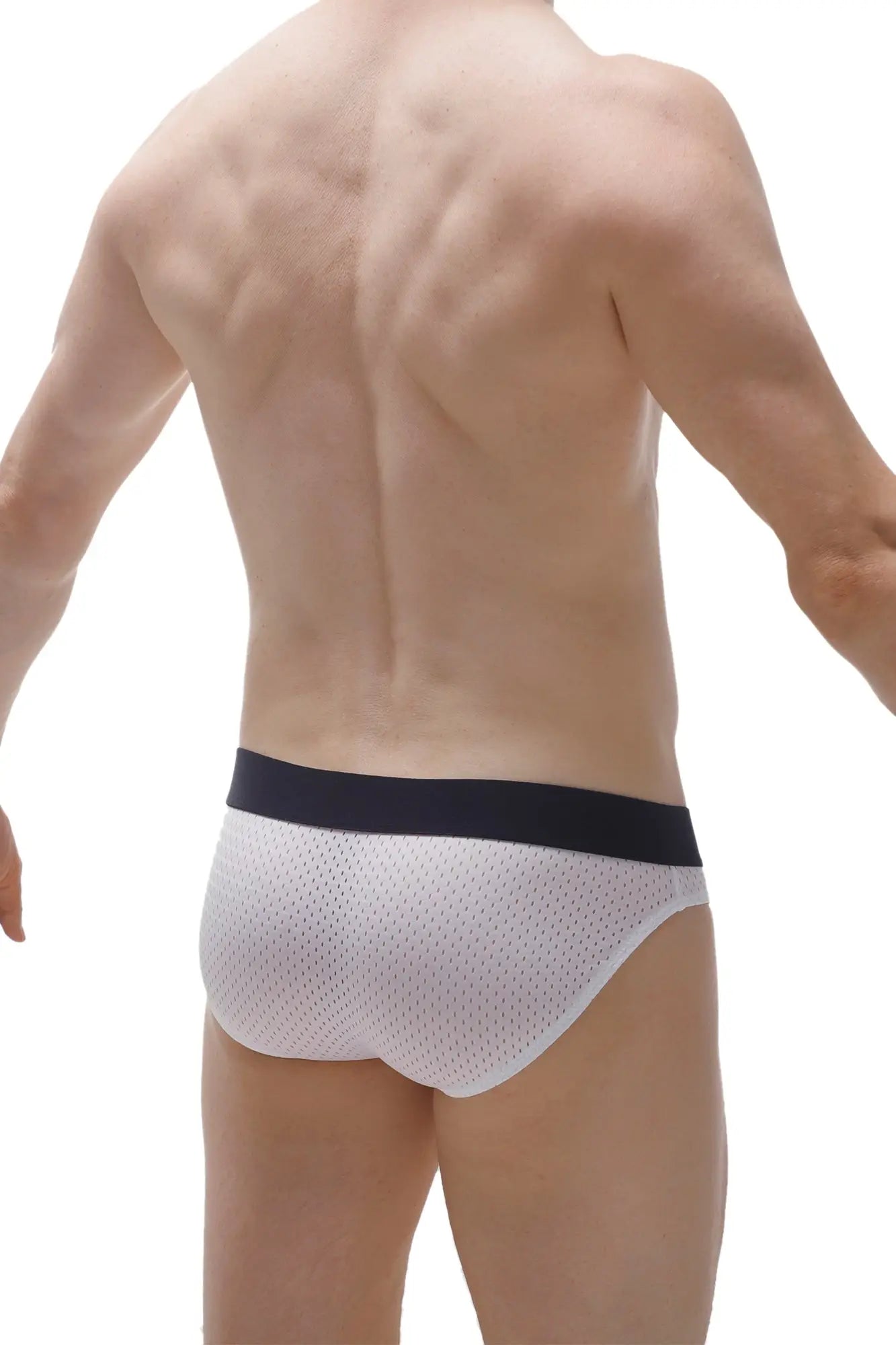 White mesh briefs with a black elastic waistband from brief steaux bee white collection