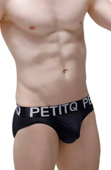 Black brief taik econyl mens briefs with a white logo band made from recycled econyl fabric