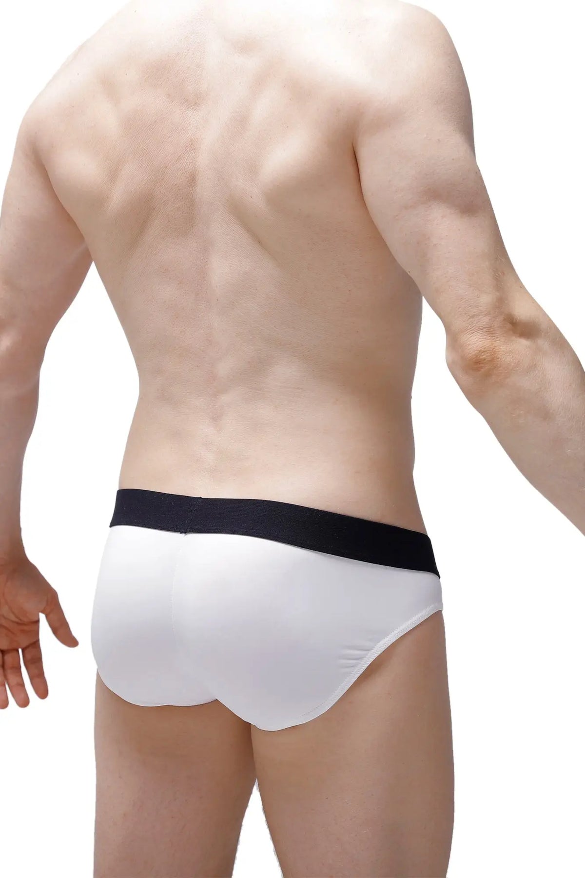 White briefs with a black waistband made from econyl material for sustainable comfort and style