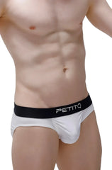 White petitq men’s briefs with a black logo waistband made from sustainable econyl material called brief taik econyl white