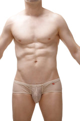 Beige mesh men’s briefs brief toga durtol nude with subtle red logo on the waistband front view