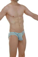 Light blue brief upaix plum sky blue with navy blue geometric stitching and a small red logo on the side