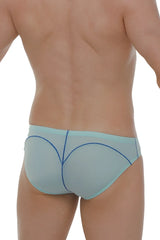 Light blue sheer briefs with navy blue curved stitching details from brief upaix plum sky blue collection