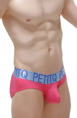 Bright pink brief x-cross modal fuchsia mens briefs with light blue elastic waistband featuring bold brand name