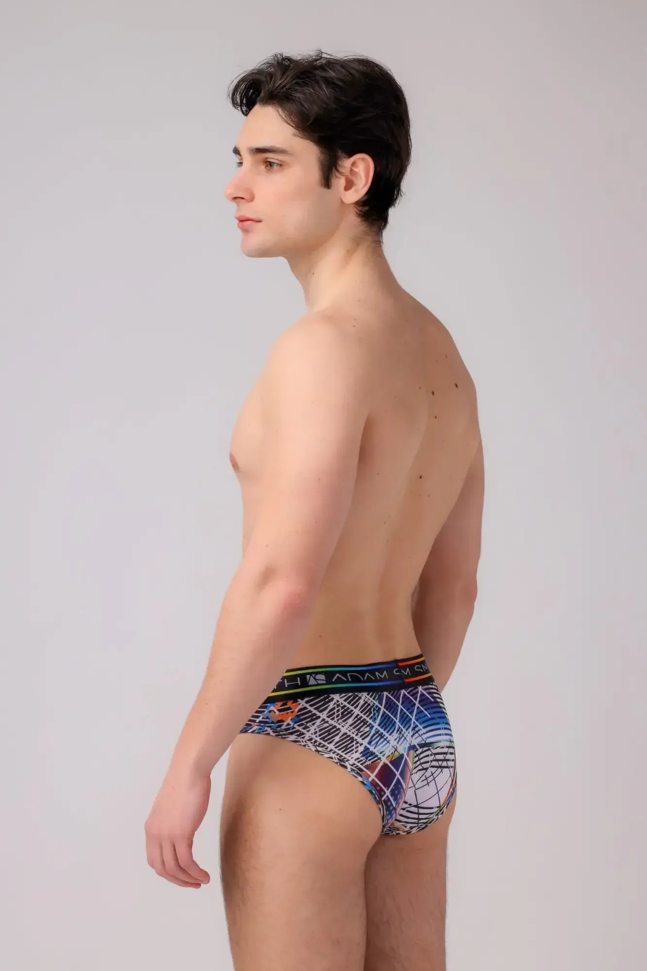 Menâs briefs with a blue black and white geometric pattern designed for comfortable everyday wear