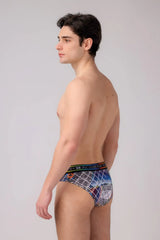 Menâs briefs with a blue black and white geometric pattern designed for comfortable everyday wear