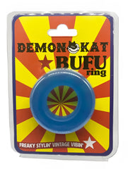 Blue plastic BUFU ring with colorful radial pattern on vibrant red and yellow cardboard packaging