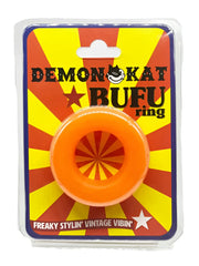 Bright orange translucent plastic BUFU ring with a radial pattern on the inside for stylish wear