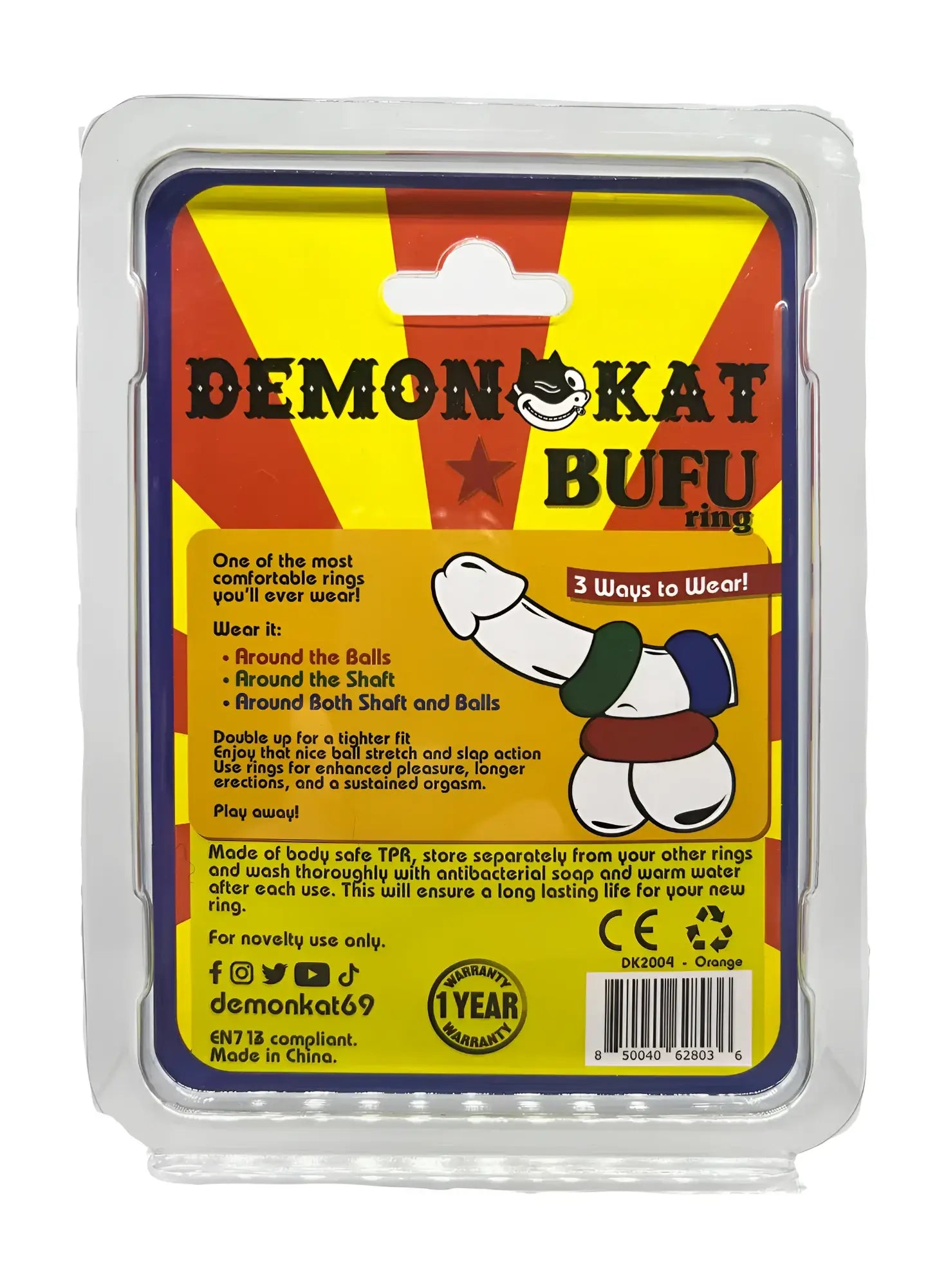 Demonokat bufu ring novelty sex toy made of body-safe tpr with green and red colorful banding