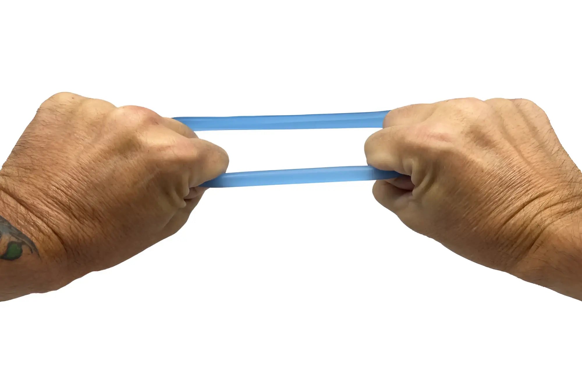 A translucent blue rubber band being stretched between two hands showcasing the buffu ring elasticity