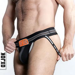 Black bulger jockstrap briefs with big dick branding and orange gray striped accents for bold support
