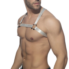 Silver metallic bull ring harness with adjustable straps and black spherical hardware for secure fit