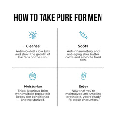 The back side of bum balm product showing a skincare guide for men with steps cleanse soothe moisturize enjoy