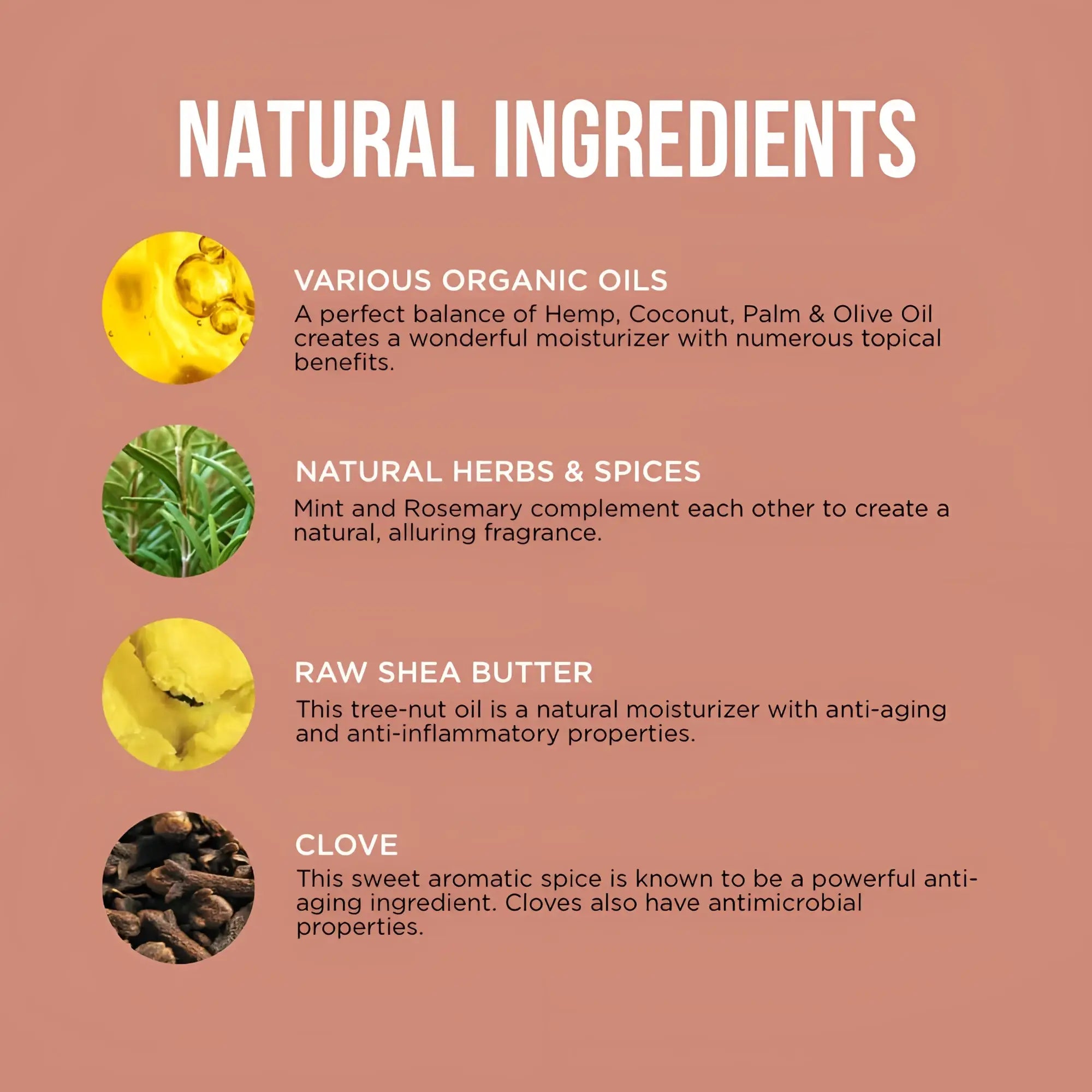 Bum balm moisturizer back label listing natural organic oils like hemp and coconut for skin hydration and care