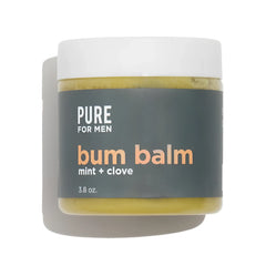 A matte white jar of pure for men bum balm with a dark gray label containing yellowish-green mint and clove balm