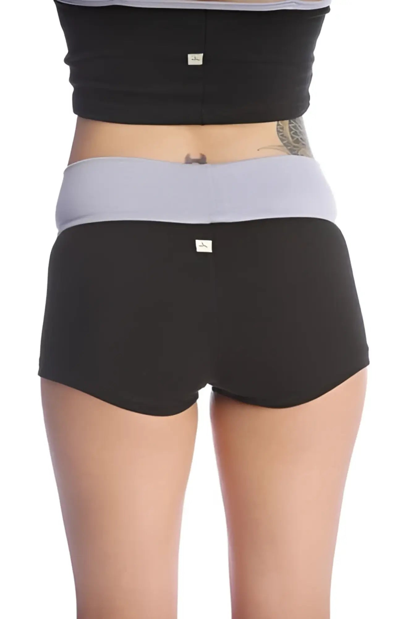 Bumble short black and light gray two-tone snug fit shorts with elastic waistband and small brand tag on the back