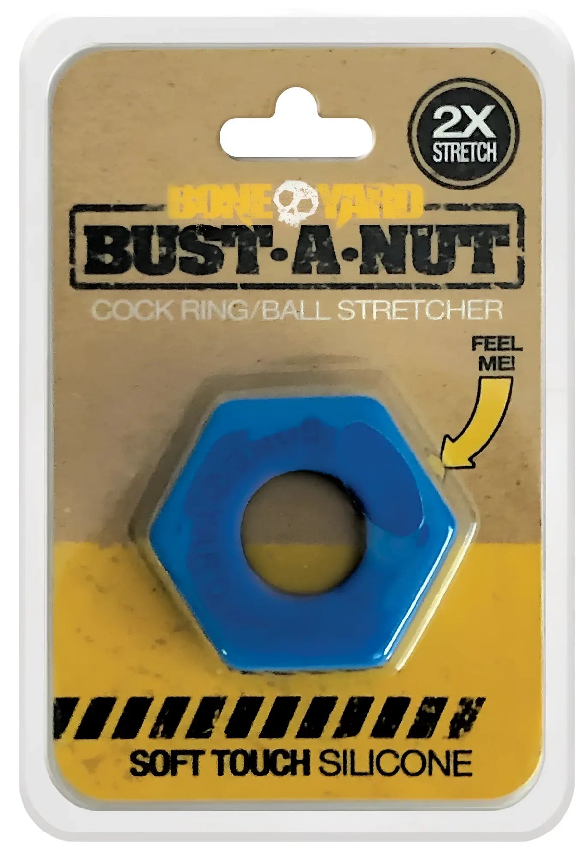 Blue hexagonal silicone cock ring bust a nut featuring a central hole and textured surface for enhanced sensation