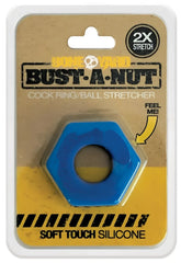 Blue hexagonal silicone cock ring bust a nut featuring a central hole and textured surface for enhanced sensation