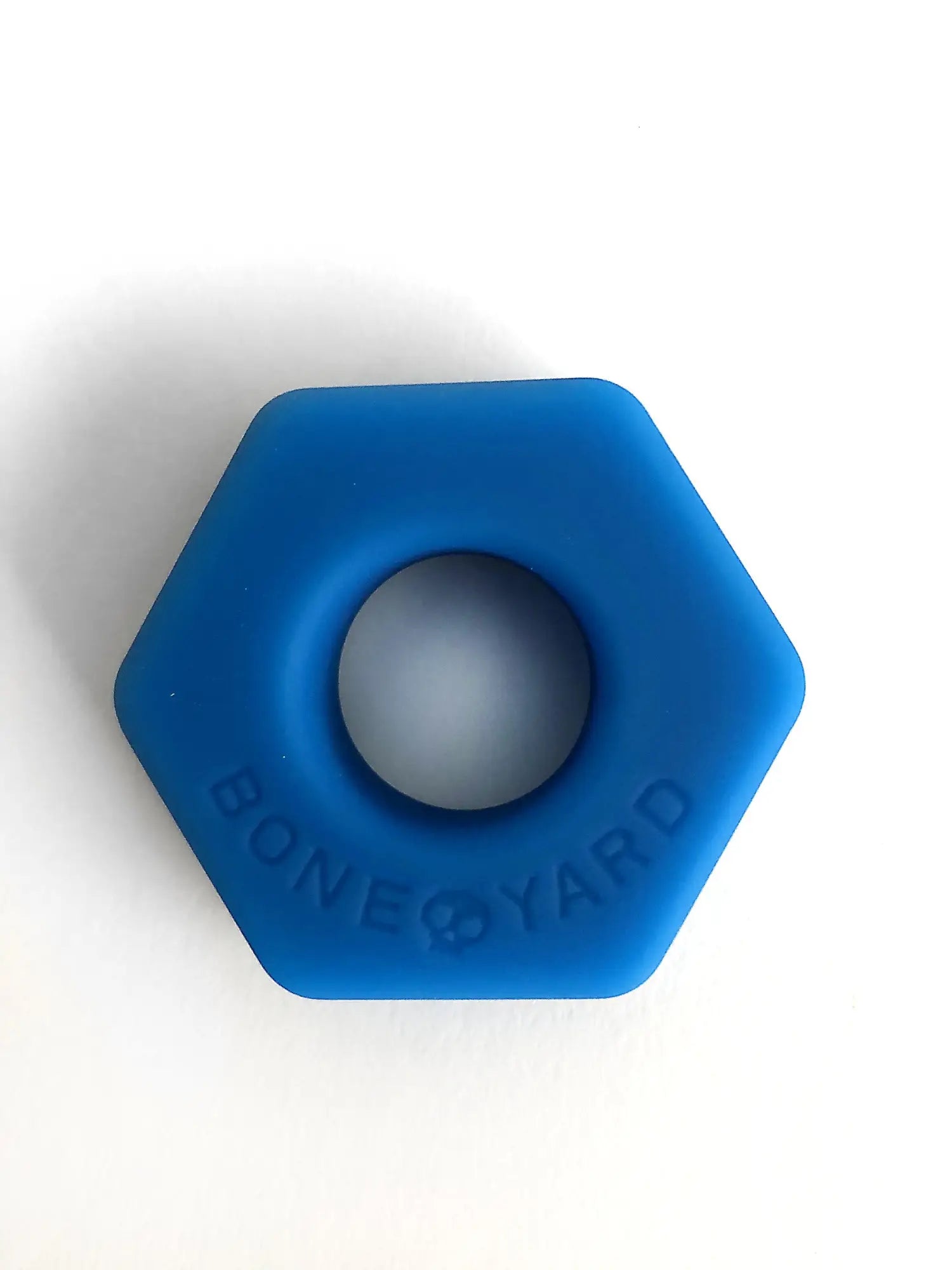 Blue hexagonal silicone ring bust a nut with bone yard engraved on its side