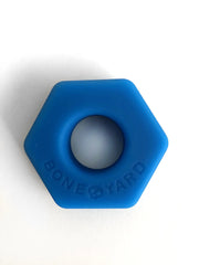 Blue hexagonal silicone ring bust a nut with bone yard engraved on its side