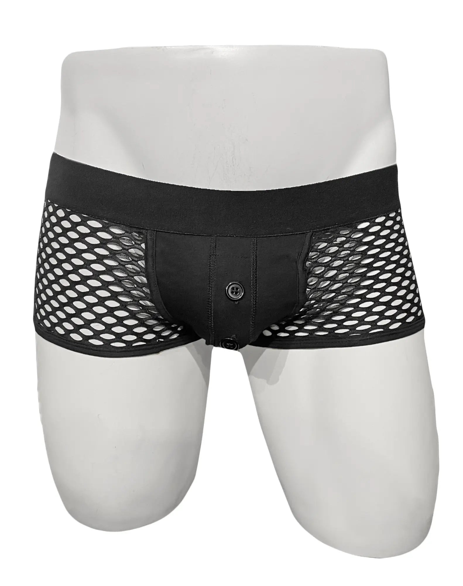 Black mesh button fly fishnet trunk briefs with solid waistband and front button closure