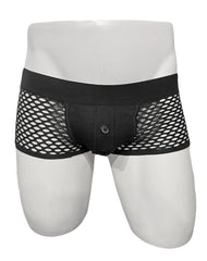 Black mesh button fly fishnet trunk briefs with solid waistband and front button closure