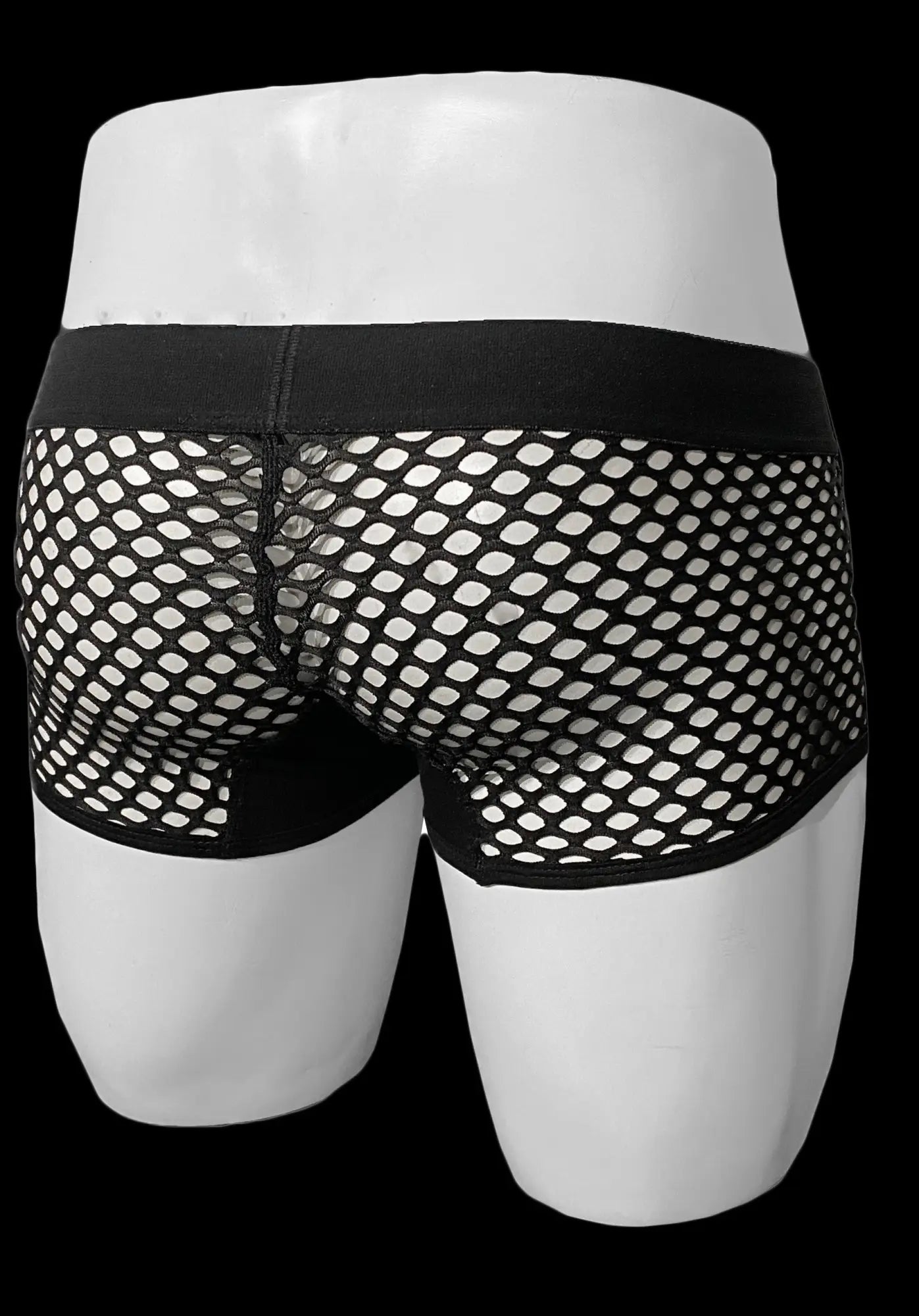Black button fly fishnet trunk briefs with mesh material and solid black waistband visible from front view