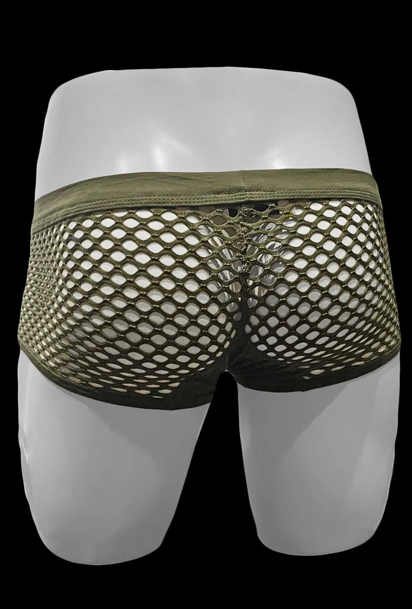 Olive green mesh briefs with solid elastic waistband featured in button fly fishnet trunk design