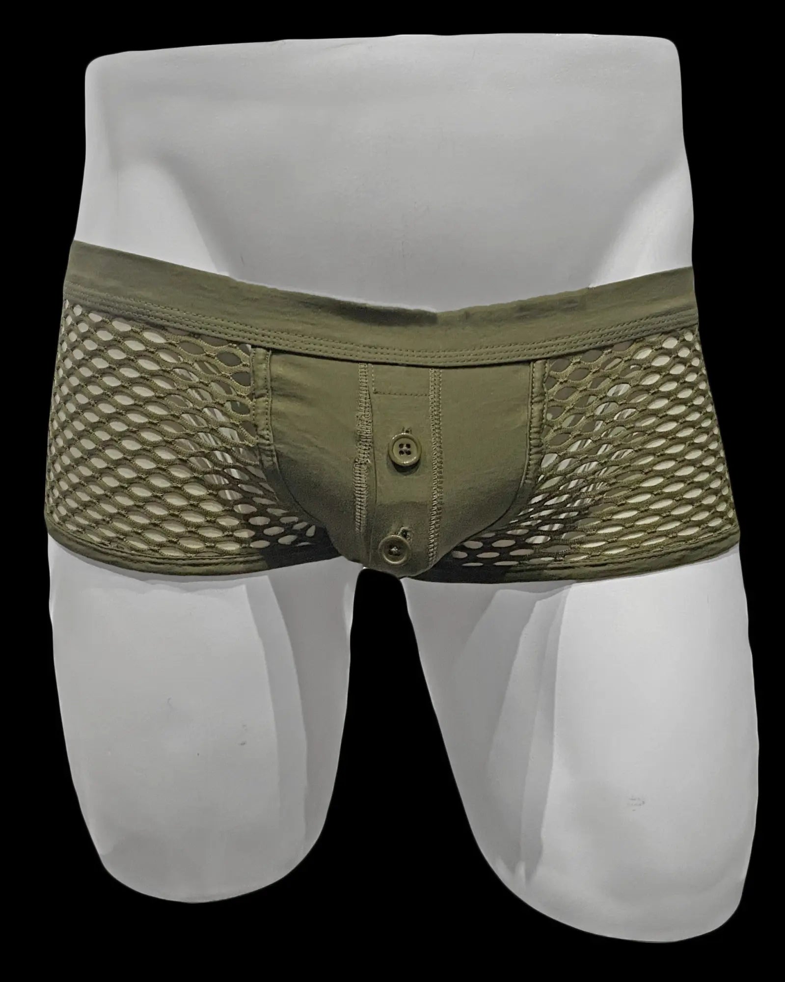 Olive green button fly fishnet trunk briefs with solid front panel mesh fabric and two button closures