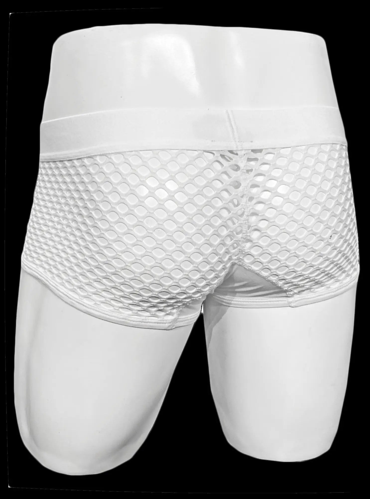 White button fly fishnet trunk briefs with smooth elastic waistband and white mesh fabric