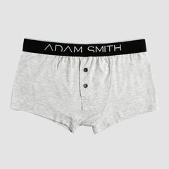 Gray heathered adam smith button front trunks with black waistband white lettering and two dark front buttons