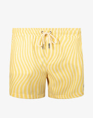 Byron swim short in dolce yellow featuring yellow and white wavy-striped swim trunks with a drawstring waistband