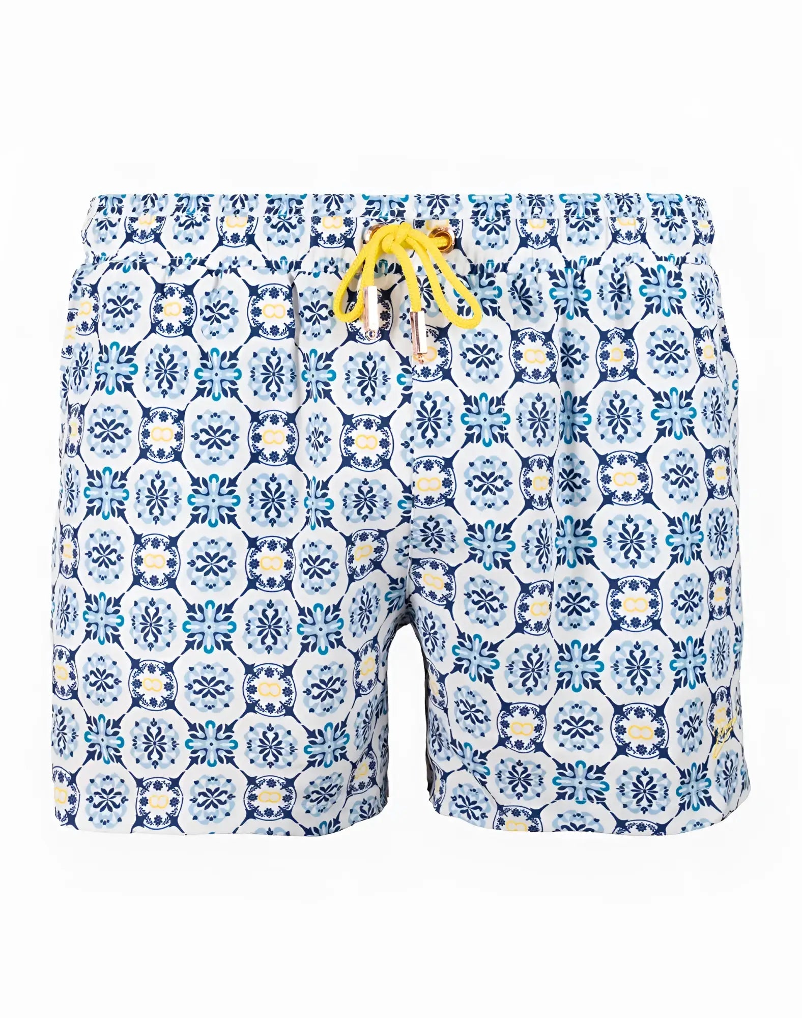 Byron swim short Mykonos print blue and white patterned swim trunks with yellow drawstring for beachwear