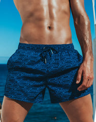 Byron swim short in blue with a dynamic light blue zigzag pattern and matching drawstring waistband for swimming