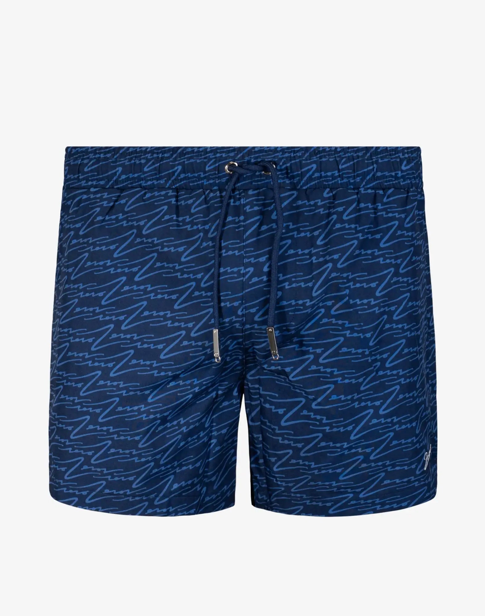 Navy blue byron swim short with light blue cursive script pattern ideal for beachwear and poolside use