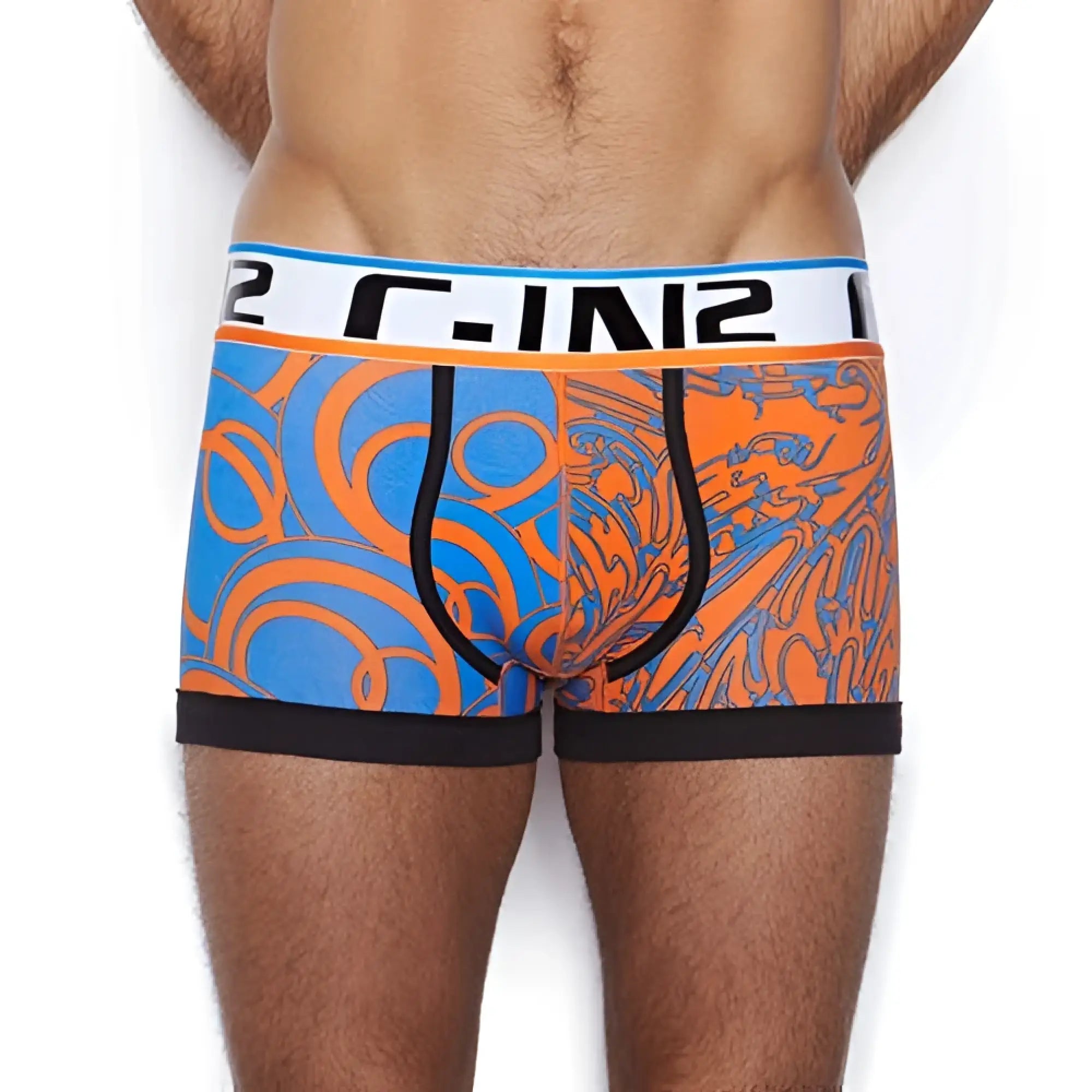 Blue and orange patterned c-in2 culture club lo no show army trunk boxer briefs with black trim and white logo waistband size l