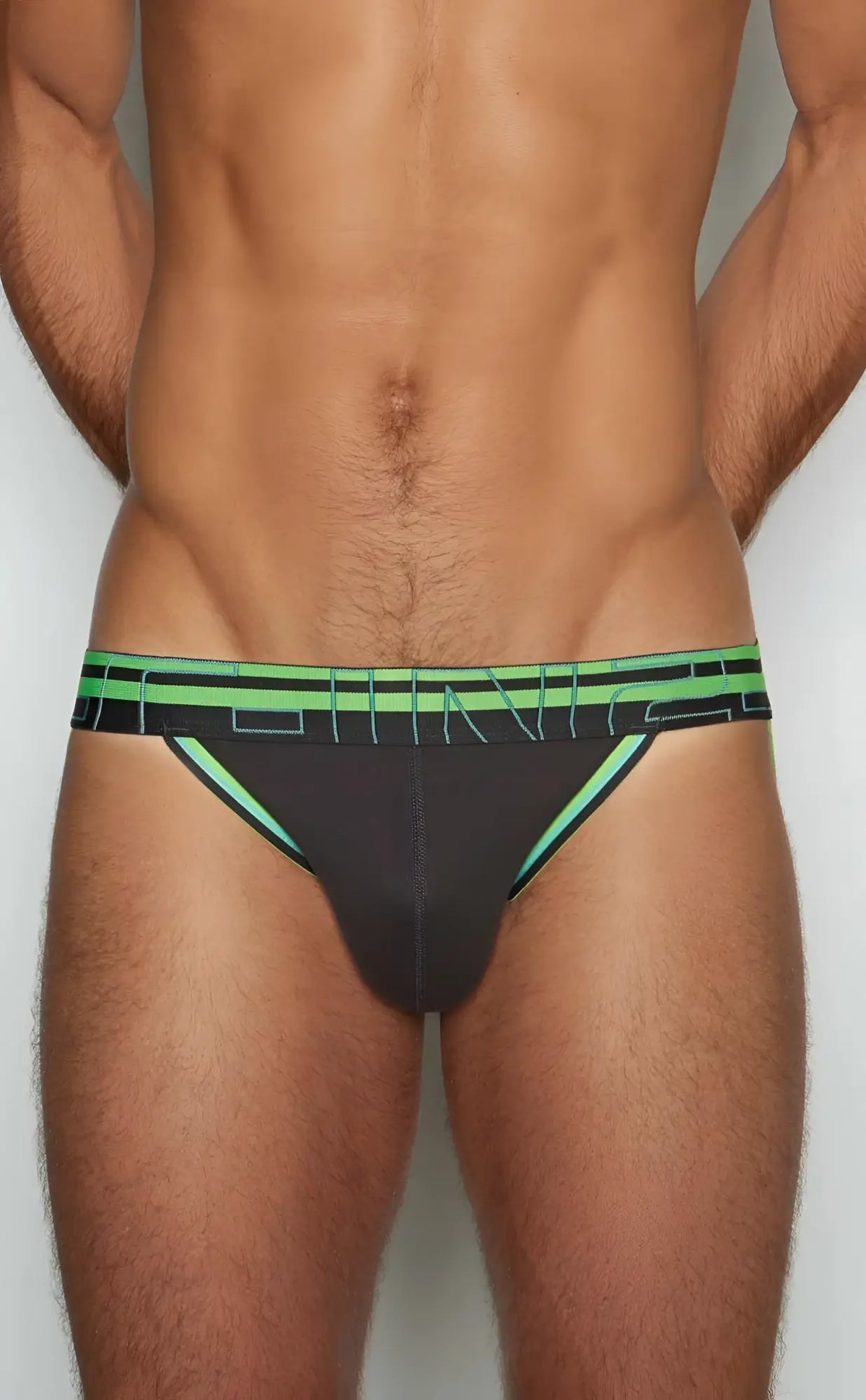 Black c-in2 jockstrap 3226-080 with neon green trim and bold geometric logo band designed for athletic support