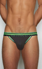 Black c-in2 jockstrap 3226-080 with neon green trim and bold geometric logo band designed for athletic support
