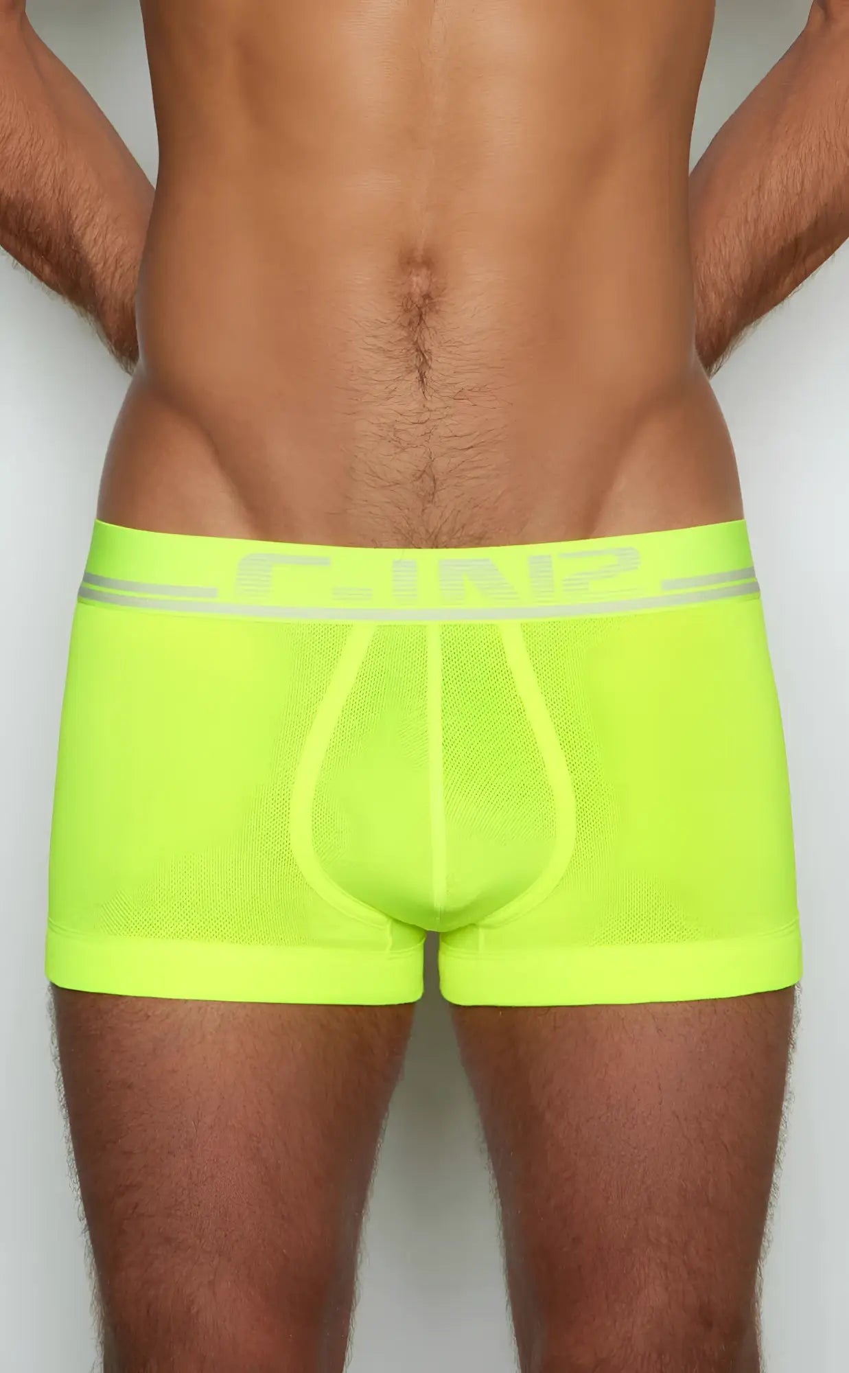 Neon green mesh c-in2 trunk 1023-737 boxer briefs with a gray logo band for breathable comfort