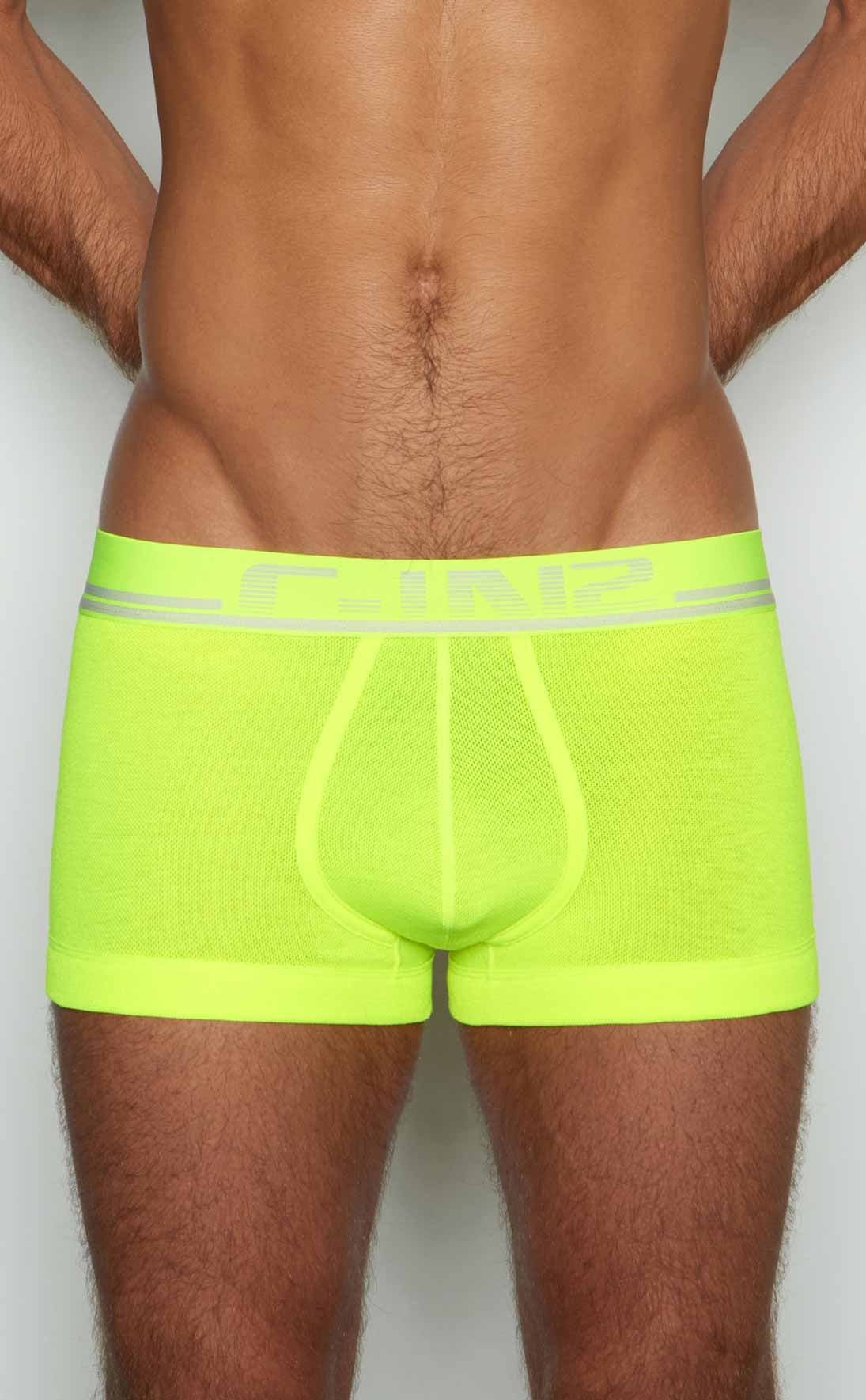 Neon green mesh c-in2 trunk 1023-737 boxer briefs with a gray logo band for breathable comfort
