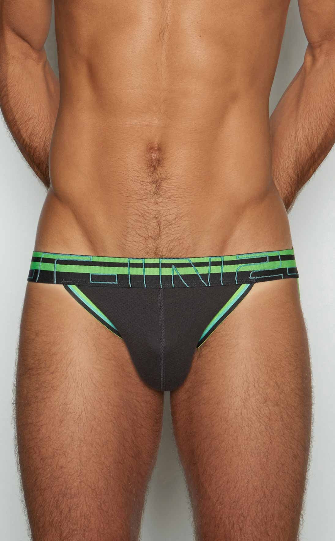 Black c-in2 jockstrap 3226-080 with neon green trim and bold geometric logo band designed for athletic support