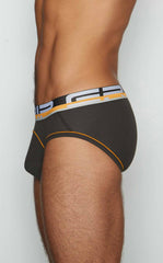 Black c-in2 brief 3313-068 with bold white yellow striped waistband and orange stitching along leg openings